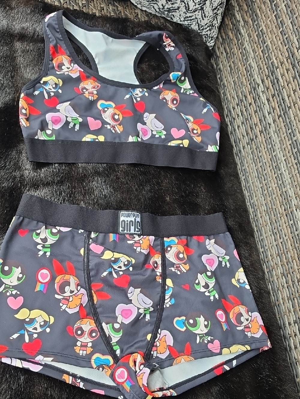 Powerpuff Girls Black Faux Fur Trim Skirt - Colorful Character Print